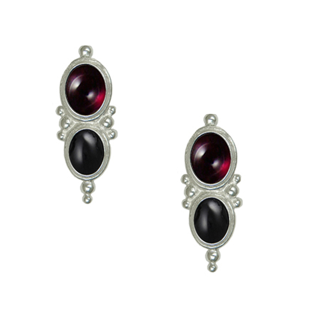 Sterling Silver Drop Dangle Earrings With Garnet And Black Onyx